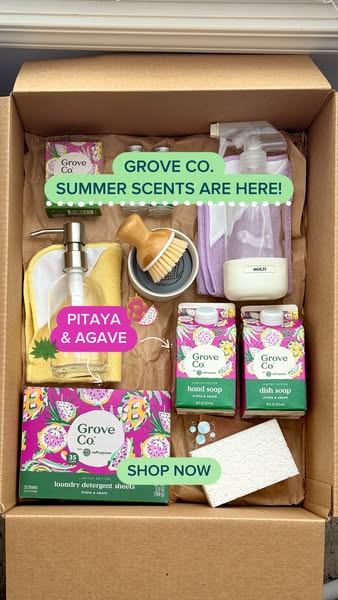 This ad showcases Grove Co.'s new summer scents and various cleaning and home products packaged in a cardboard box. 