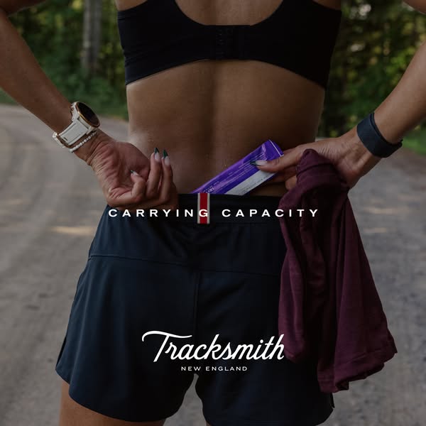 This ad highlights the features of a running short from Tracksmith, particularly its carrying capacity.
