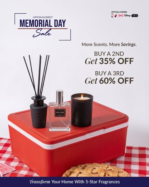 This ad promotes Aroma360's Memorial Day Sale, offering discounts on purchasing multiple scents. The ad features a f