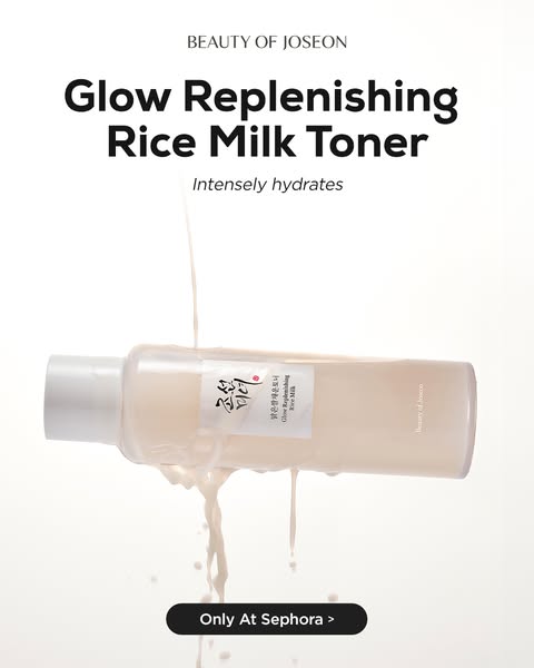 This ad showcases Beauty of Joseon's Glow Replenishing Rice Milk Toner. The ad highlights the toner's hydrating 