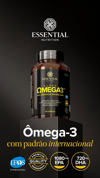 Ad for Essential Nutrition's Super Omega 3 supplement, highlighting its premium quality and international standards.