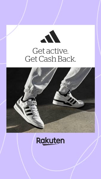 This image ad features Adidas shoes and promotes getting cash back through Rakuten when purchasing them.