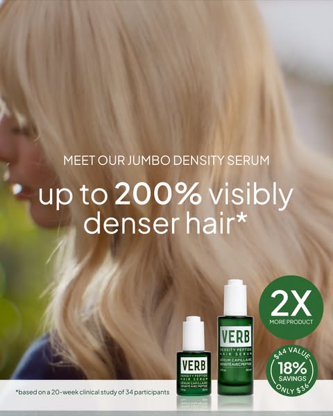An ad featuring two VERB Density Peptide Hair Serum bottles. It shows a woman in the background with blonde hair. The ad