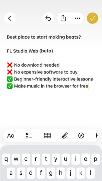 This ad uses the visual style of a note-taking app to highlight the main features and benefits of FL Studio Web (beta). 