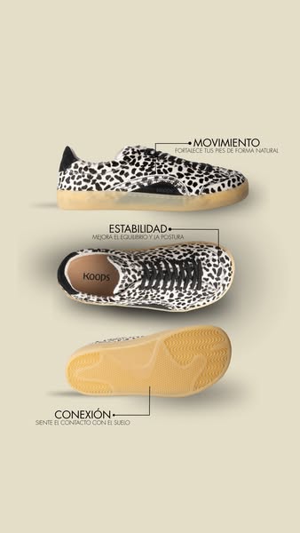 This image ad highlights the functional features of Koops sneakers, emphasizing movement, stability, and connection to t