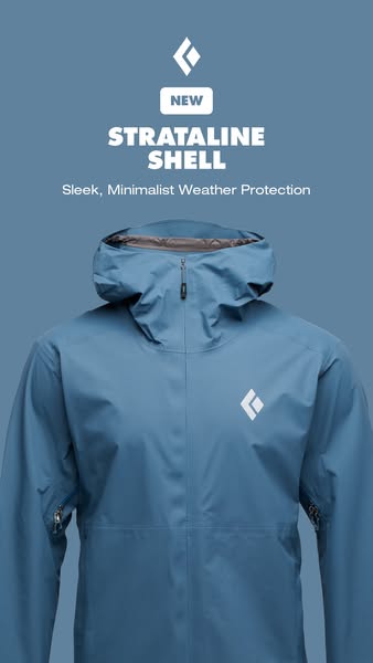 This ad showcases the sleek and minimalist design of Black Diamond's new Stratline Shell jacket, emphasizing its wea