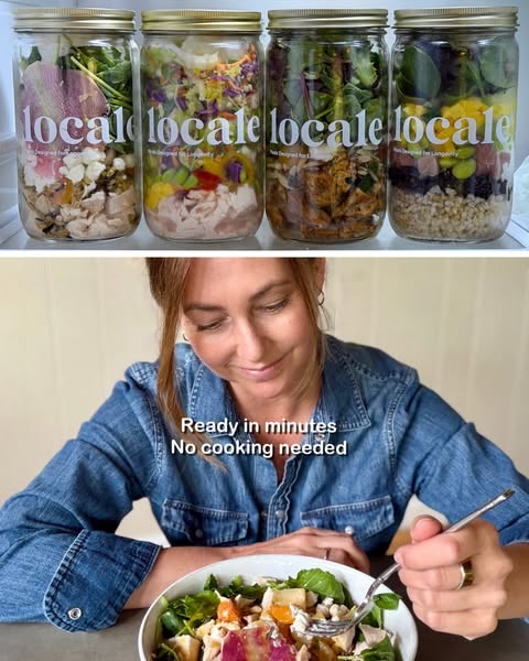 This ad features jars of Locale salads. It highlights that they are ready to eat and require no cooking.