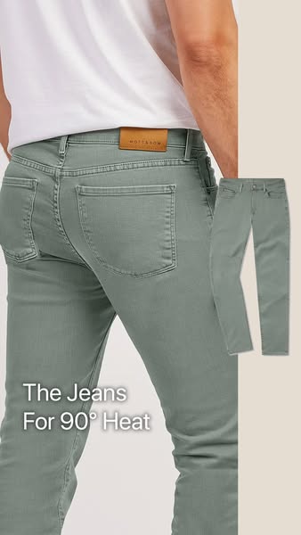 This image ad showcases Mott & Bow jeans, emphasizing their suitability for hot weather.