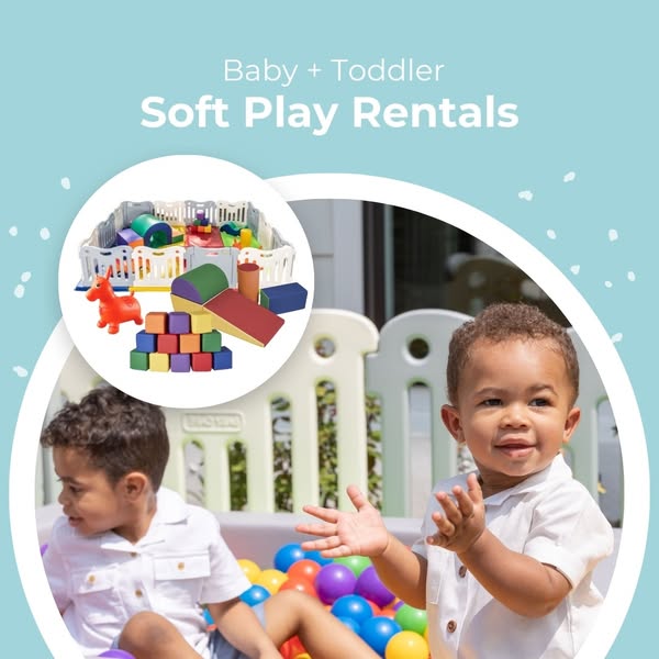 This image ad promotes a baby and toddler soft play rental service. It features two young children playing in a ball pit