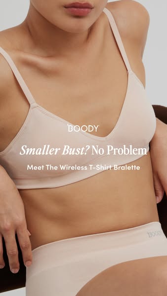 This image ad promotes a wire-free bralette designed for smaller busts. The ad features a person wearing the product and