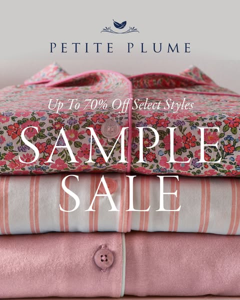 This image ad for Petite Plume promotes a sample sale with up to 70% off select styles. The ad features a neatly folded 