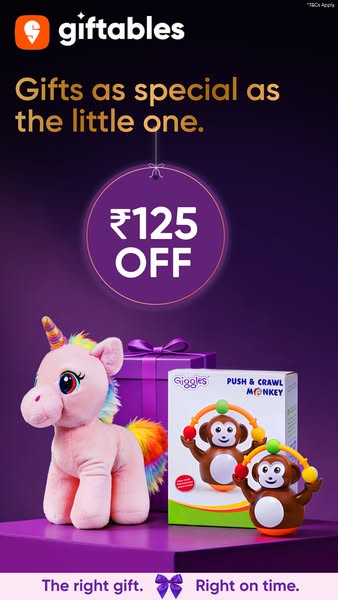 This ad for Giftables features a plush unicorn, a wrapped gift, and a monkey toy alongside text stating "Gifts as s