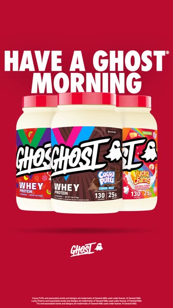 This ad promotes Ghost brand whey protein in three cereal milk flavors. The ad shows three containers of Ghost whey prot