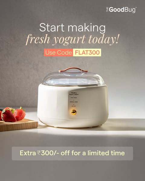 Image ad promoting a yogurt maker. It highlights the ease of making fresh yogurt at home and offers a discount using a p