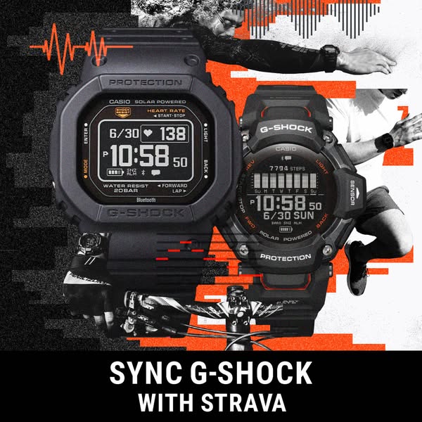 This image ad promotes G-Shock watches, highlighting their compatibility with the Strava fitness app. The ad features tw