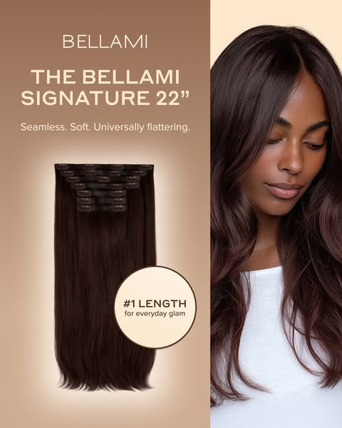 An ad for Bellami hair extensions. The ad highlights the Bellami Signature 22" extensions and describes them as sea