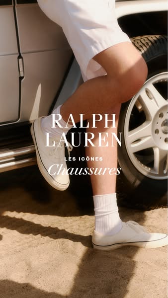 This ad showcases white sneakers. A person wearing white shorts and white socks is leaning against a car. The sneakers a