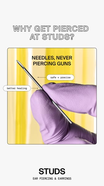 This ad highlights the importance of needles instead of piercing guns for safety and healing when getting a piercing at 