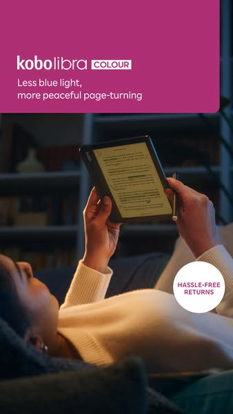 This ad for the Kobo Libra Colour e-reader highlights the product's features such as reduced blue light and convenie