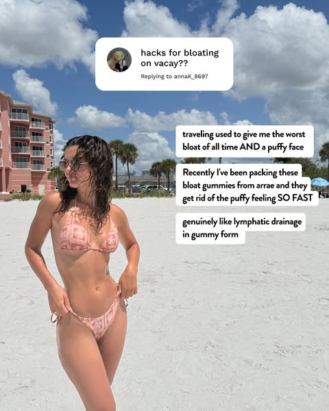 The image is an ad for Arrae Bloat Gummies, addressing bloating and puffiness associated with traveling. It features a w