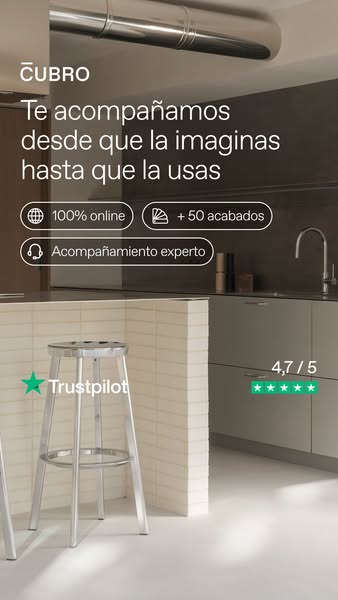 This image ad for Cubro features a staged kitchen set-up with an island and bar stool, highlighting the company's ab