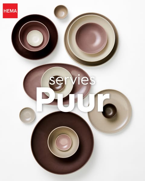This image ad showcases a collection of plates and bowls in neutral colors, arranged on a clean white background. The ad