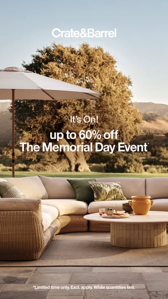 This image ad by Crate & Barrel promotes their Memorial Day Event with up to 60% off. The ad features an outdoor liv