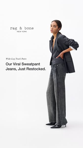Rag & Bone ad featuring wide-leg track pants, referred to as viral sweatpant jeans that have been restocked.