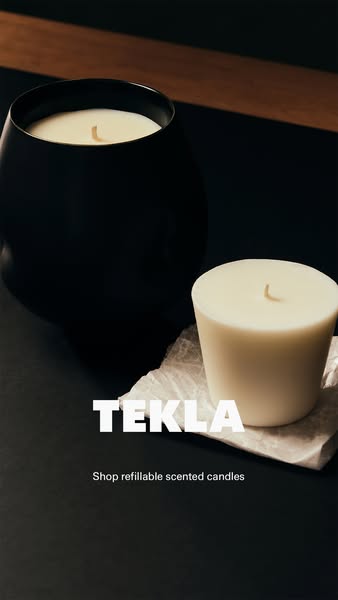 This ad showcases Tekla's refillable scented candles in a minimalist, monochromatic aesthetic.