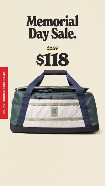 This image ad promotes Topo Designs' Mountain Duffel 40L during a Memorial Day sale. The duffel bag is shown against