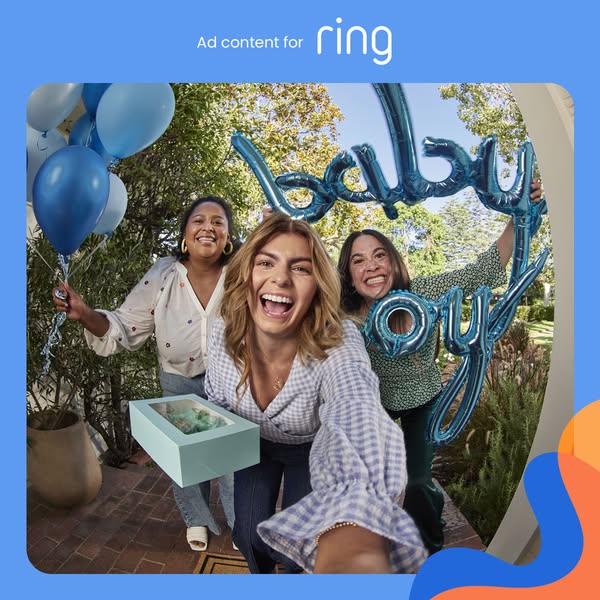 This ad shows a group of three women in front of a home celebrating a baby shower. The balloons and the baby-themed box 