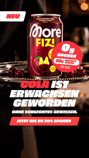The ad promotes More FIZ! candy cola with a spotlight on its sugar-free and fiber-rich properties.