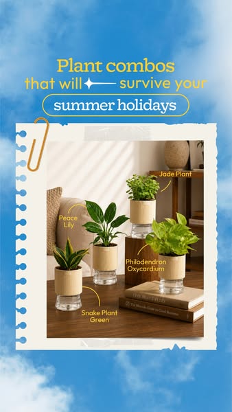 The ad features a group of four potted plants sitting on a brown surface. Each plant has a text label identifying it. Th