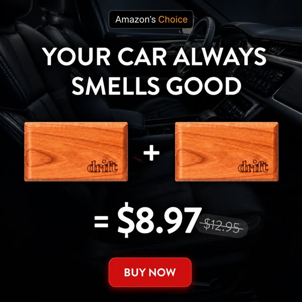 This image ad for Drift car air fresheners highlights its partnership with Amazon, the functionality of the product, and