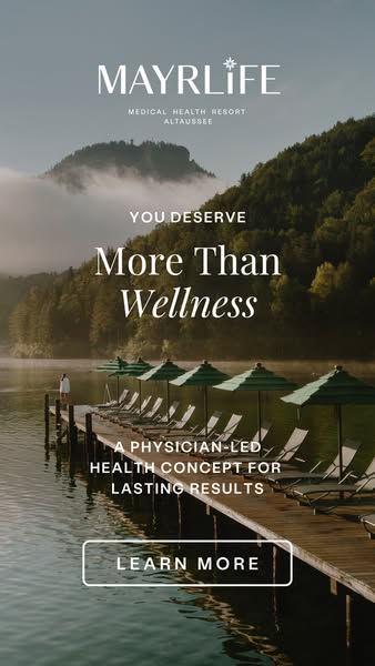 This ad for Mayrlife Medical Health Resort in Altaussee uses a landscape photo of the resort property to convey relaxati