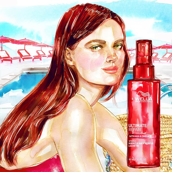 The image ad uses a watercolor painting style to depict a woman and the Wella Ultimate Repair product against a pool sce