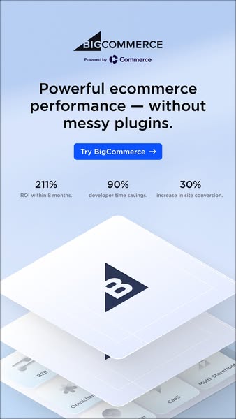 This ad for BigCommerce uses the point-out features ad format to highlight key benefits of the platform, such as improve