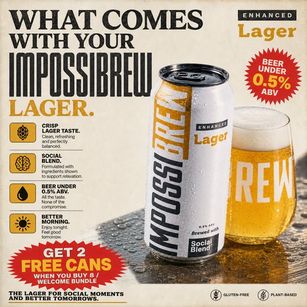 This is an image ad for Impossibrew lager, designed to highlight the beer's benefits and encourage trial. The ad foc