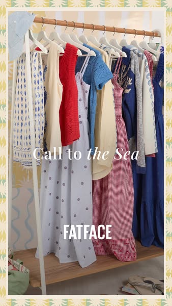 This ad promotes FATFACE clothing, showing a collection of their items hung on a clothing rack in front of a patterned b