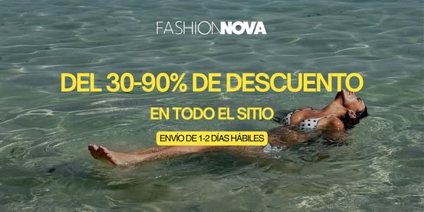 This Fashion Nova image ad features a woman relaxing in the water. The ad highlights a site-wide discount of 30-90% and 