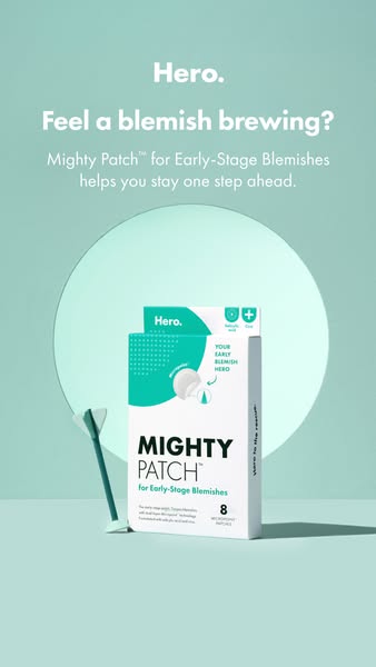 This ad is for Hero Cosmetics Mighty Patch, an early-stage blemish treatment. It shows the product packaging in front of