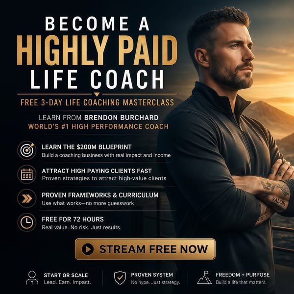 The ad promotes a 3-day life coaching masterclass with Brendon Burchard, a high-performance coach. It highlights the opp
