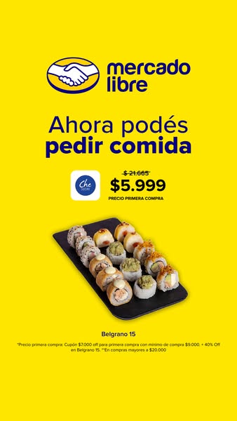 This Mercado Libre ad promotes food delivery services, specifically sushi from Che Sushi. It highlights a discounted pri