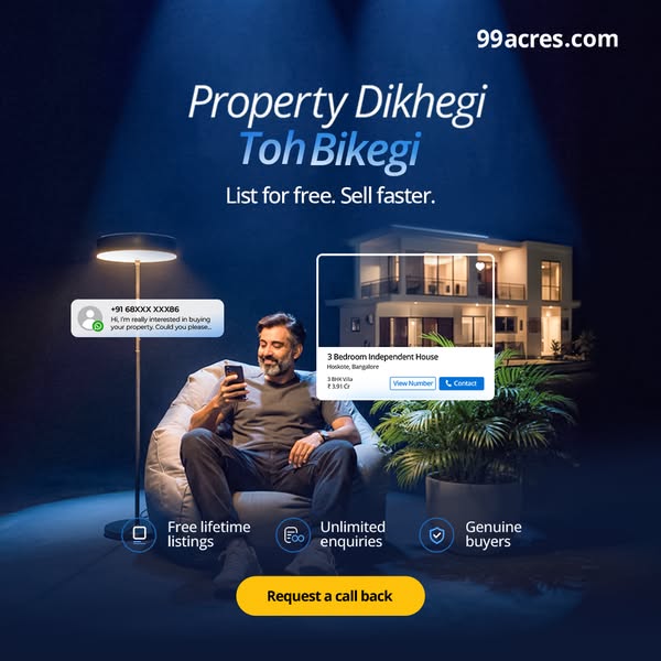 The ad promotes 99acres.com as a platform to list properties for free and sell them faster. It features a man using the 