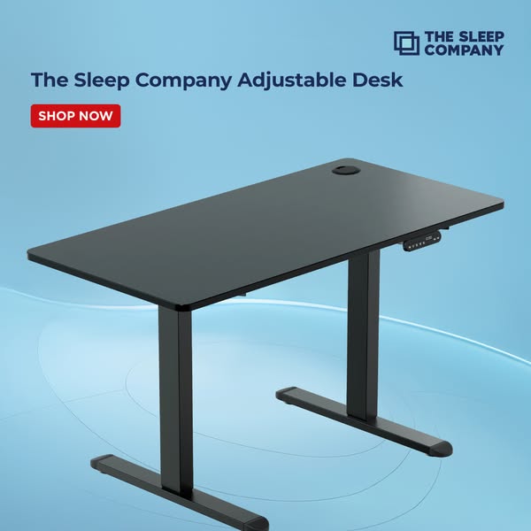 An ad for The Sleep Company Adjustable Desk featuring a high angle shot of the desk on a blue gradient background with t