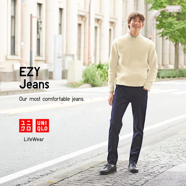 This ad by Uniqlo features a single image of a man wearing EZY Jeans, emphasizing their comfort and style. The clean, si