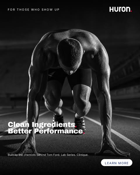 This image ad for Huron features a runner in a starting position, emphasizing clean ingredients for better performance. 
