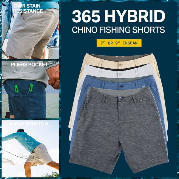 This image ad showcases the 365 Hybrid Chino Fishing Shorts. It highlights features like stain resistance, a pliers pock