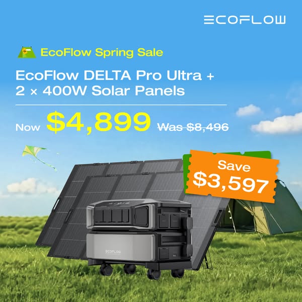 This ad promotes a spring sale on the EcoFlow DELTA Pro Ultra + 2 x 400W Solar Panels. The ad highlights a significant d
