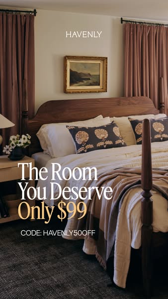 This ad for Havenly presents a luxurious bedroom set and offers a discount with a provided code.